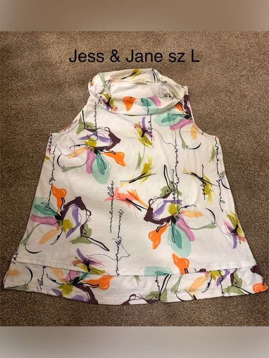 Jess & Jane Tops - Floral Sleeveless Cowl Neck Top - White with Multicolor Print Sz L